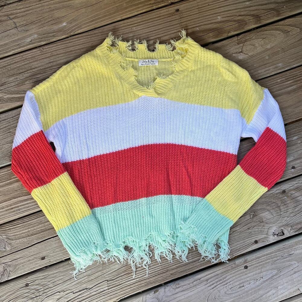 Jolie & Joy By FCT Women's Colorblock Fringe Trim Sweater Size M. NEW